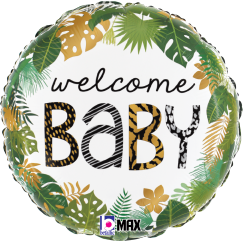 18-inch round foil balloon with green jungle leaves border and "welcome BABY" text in animal print letters.