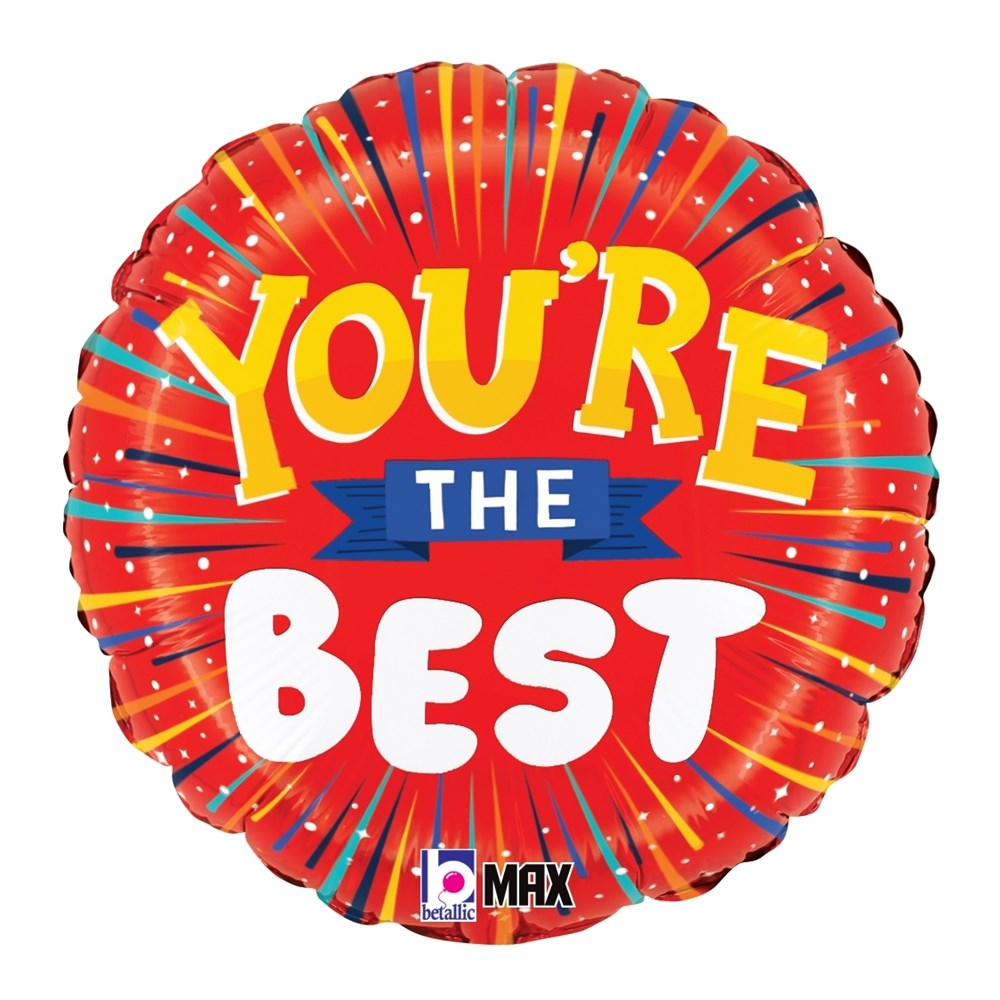 Round red foil balloon with yellow and white "You're the Best" text and colorful confetti design.