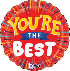 Round red foil balloon with yellow and white "You're the Best" text and colorful confetti burst design.
