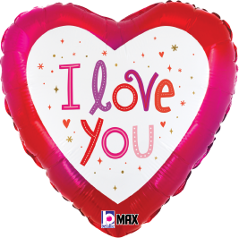 Red and white heart-shaped foil balloon with "I love you" text and colorful star and heart accents, 18 inch.