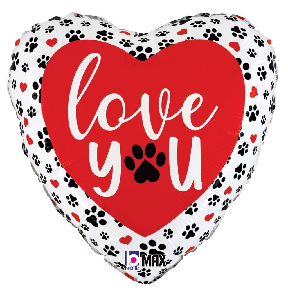 Heart-shaped foil balloon with white background, black and red paw prints, and red center with "love you" text incorporating