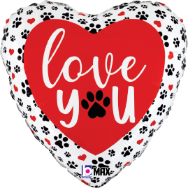 Heart-shaped foil balloon with red center and white "love you" text featuring a black paw print, surrounded by black paw.