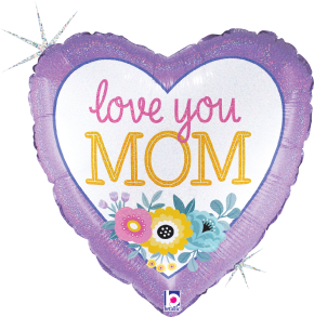 18-inch heart-shaped balloon with purple glitter border, white center, "love you MOM" text, and colorful flower design.