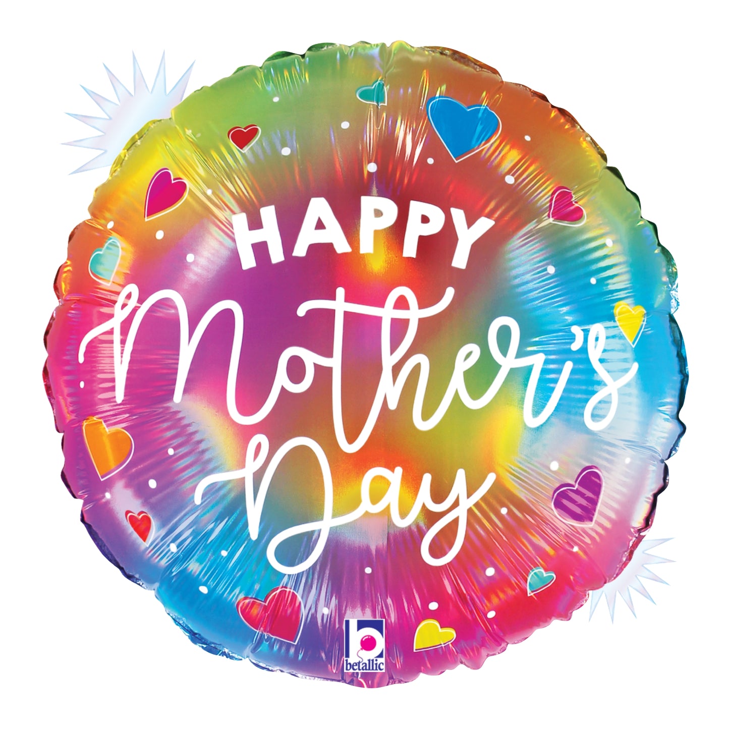 18-inch round opal holographic balloon with colorful hearts and white "Happy Mother's Day" script.