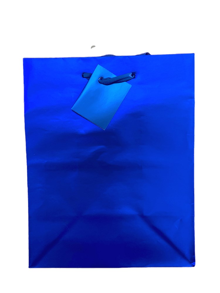 Metallic blue medium gift bag with black handles and matching blue gift tag.