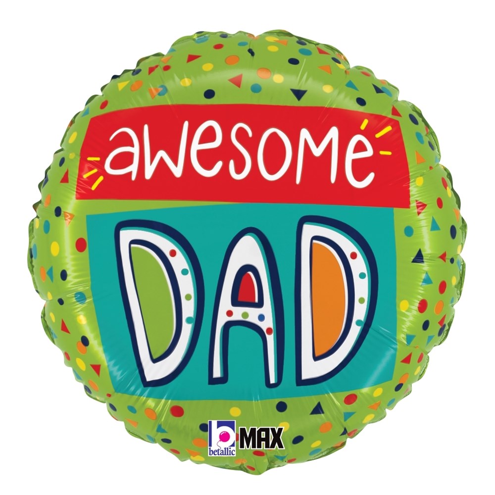 Green round foil balloon with colorful confetti spots and "Awesome Dad" text in playful red, white, and blue letters.