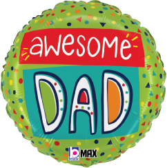 Round green foil balloon with colorful confetti dots and "Awesome Dad" in bold, playful letters.