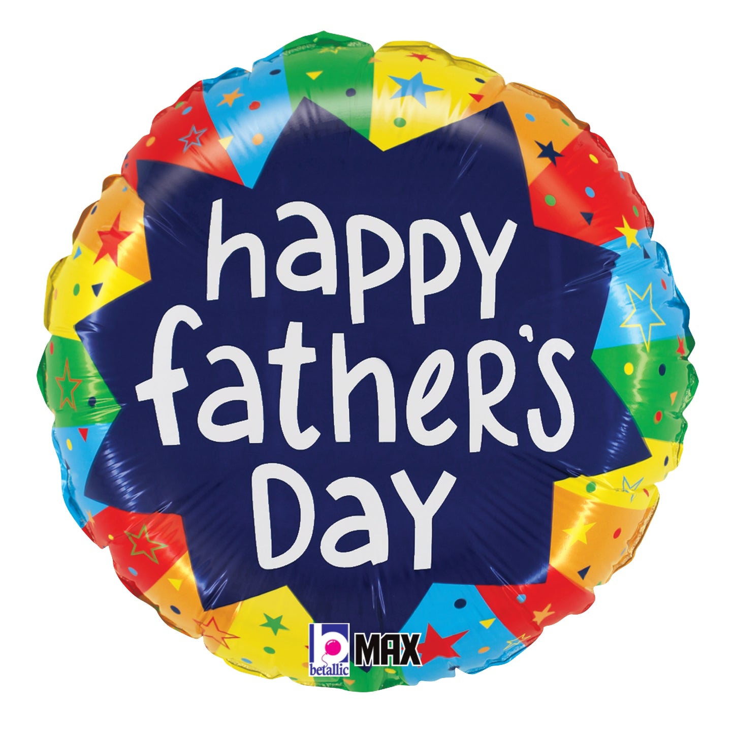 Round foil balloon with colorful starburst border and navy center reading "happy father's day" in white letters.