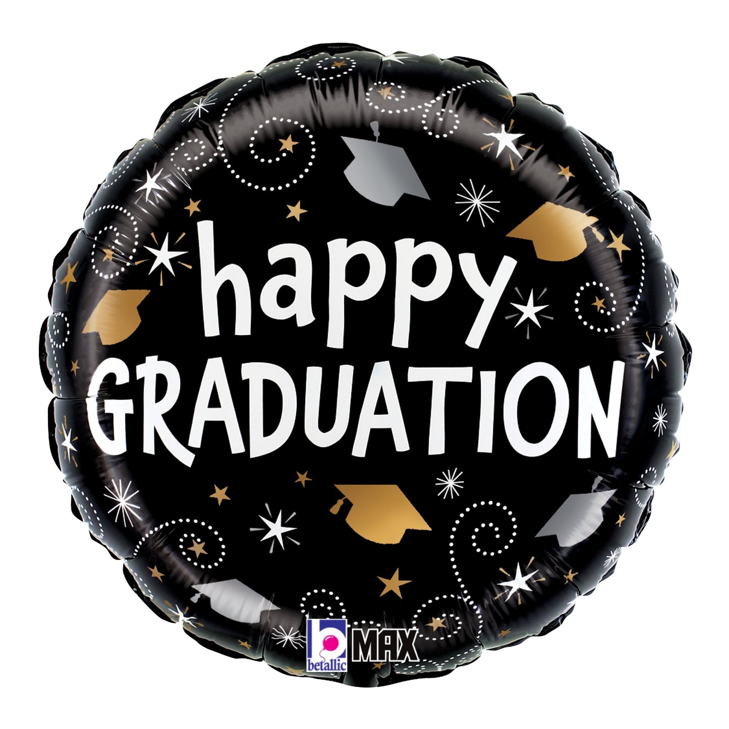 Black round foil balloon with white "happy GRADUATION" text, gold and silver graduation caps, and swirl patterns.