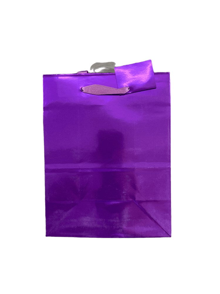 Metallic purple rectangular gift bag with cutout handles and glossy finish.