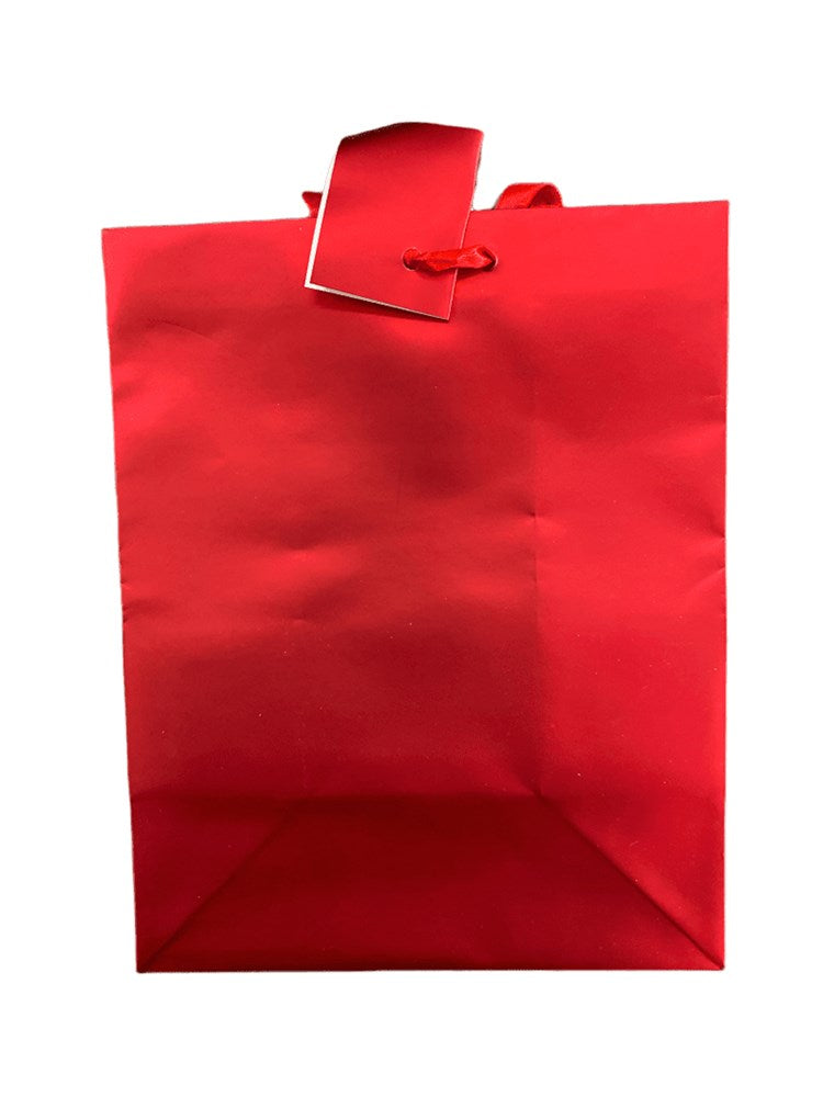 Metallic red medium gift bag with matching red handles and square base.