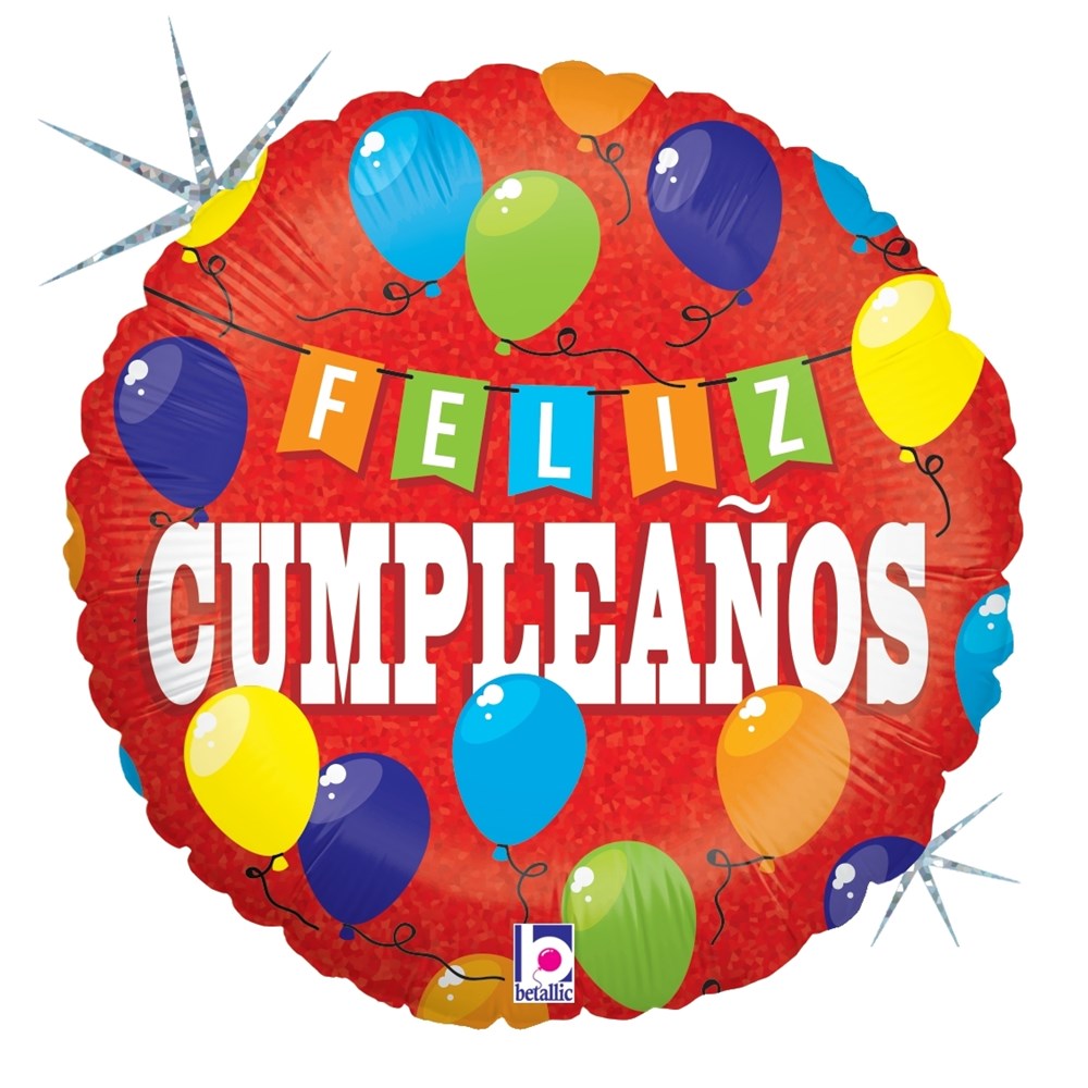 Round red holographic balloon with colorful balloons and "Feliz Cumpleaños" in festive letters.