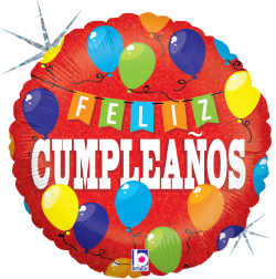 18-inch round red holographic balloon with colorful balloons and "Feliz Cumpleaños" text in white and multicolor letters.