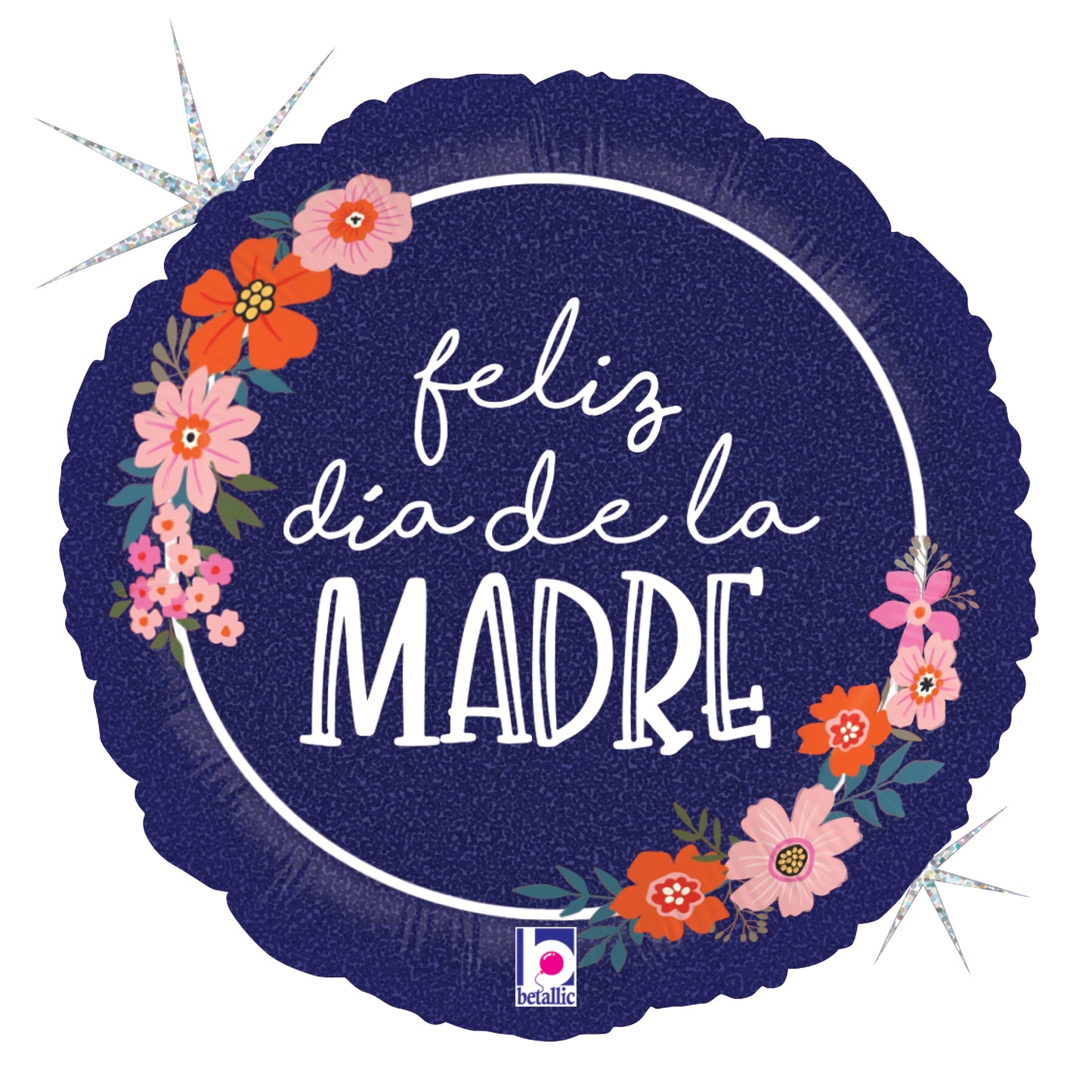 18-inch round navy blue holographic balloon with white script "feliz día de la MADRE" and pink, orange floral accents.