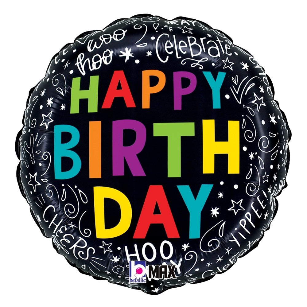 Round black foil balloon with colorful "Happy Birthday" text and white festive doodles.