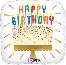 Square foil balloon with confetti cake and colorful "Happy Birthday" candles design.