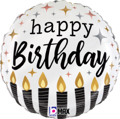 Round white foil balloon with black "happy Birthday" text, gold and silver stars, and black striped candles with gold flames