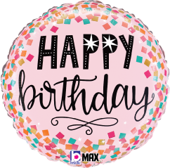Round pink foil balloon with multicolor confetti border and black "Happy Birthday" text.