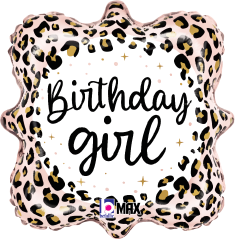Square foil balloon with pink and black leopard print border and "Birthday girl" in black script on white center.
