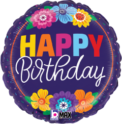 Round purple foil balloon with colorful flowers and "Happy Birthday" text in bold and script fonts.