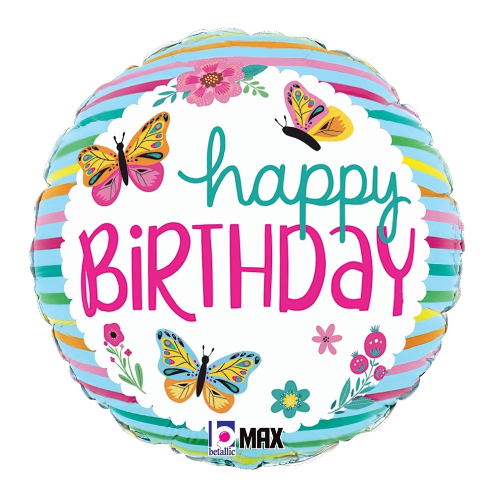 Round foil balloon with colorful butterflies, striped border, and "Happy Birthday" text in pink and teal.