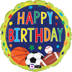 Round 18-inch foil balloon with colorful "Happy Birthday" text, sports balls, and star accents.