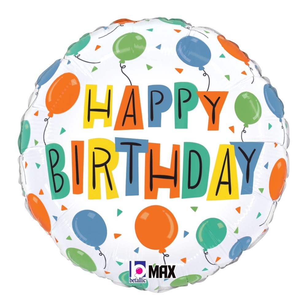 Round white foil balloon with colorful "Happy Birthday" text and multicolored balloons print.