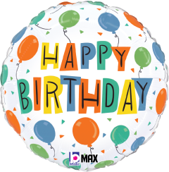 Round white foil balloon with colorful balloons and confetti, "Happy Birthday" text in multicolored block letters.