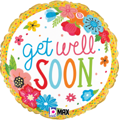Round 18-inch foil balloon with colorful floral border and "Get Well Soon" in playful multi-color script.