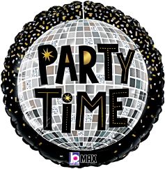 18-inch round foil balloon with a silver disco ball design and bold black “Party Time” text outlined in gold stars.