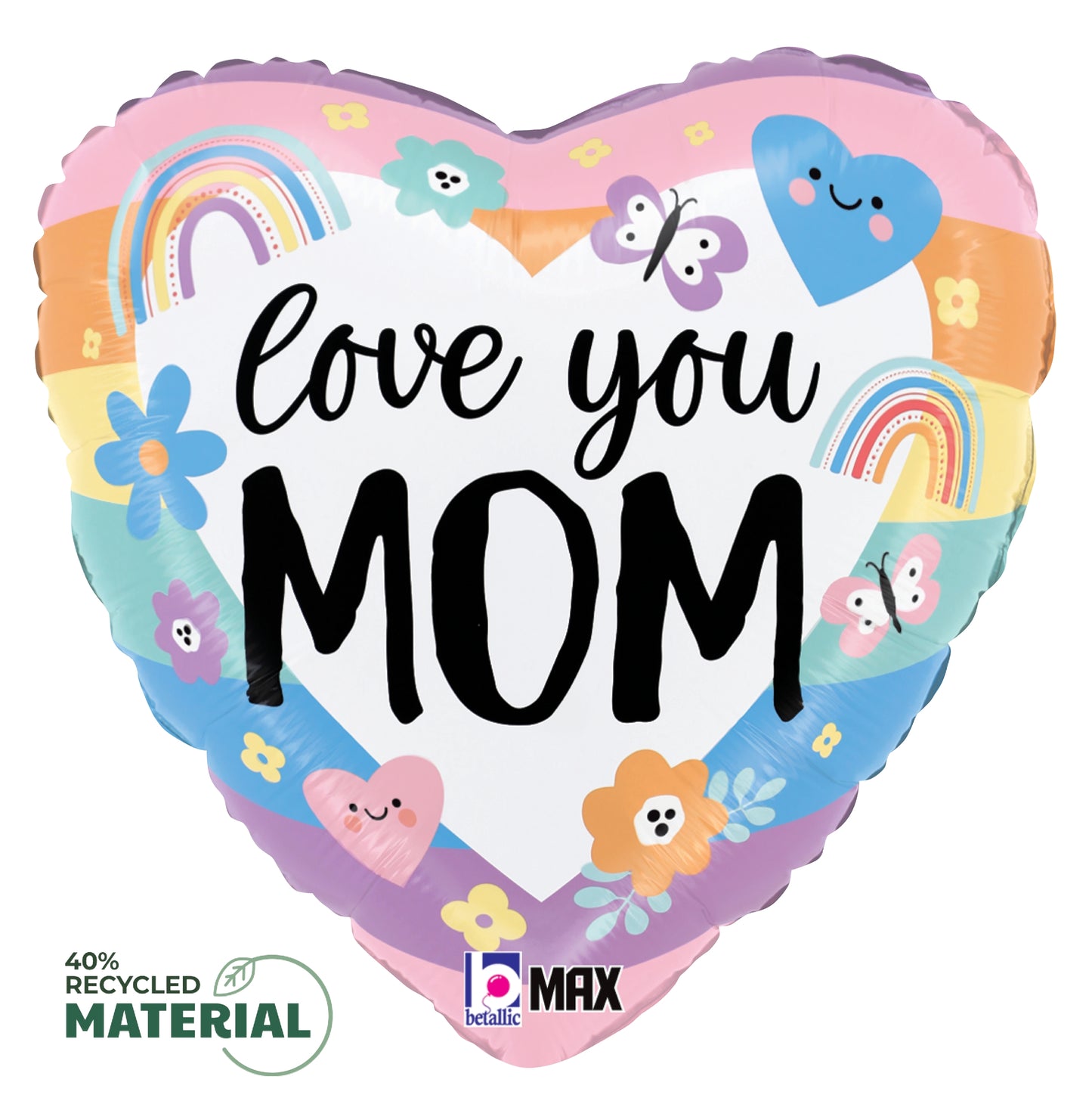 Heart-shaped pastel rainbow balloon with smiling clouds, flowers, butterflies, and "love you MOM" text in black.