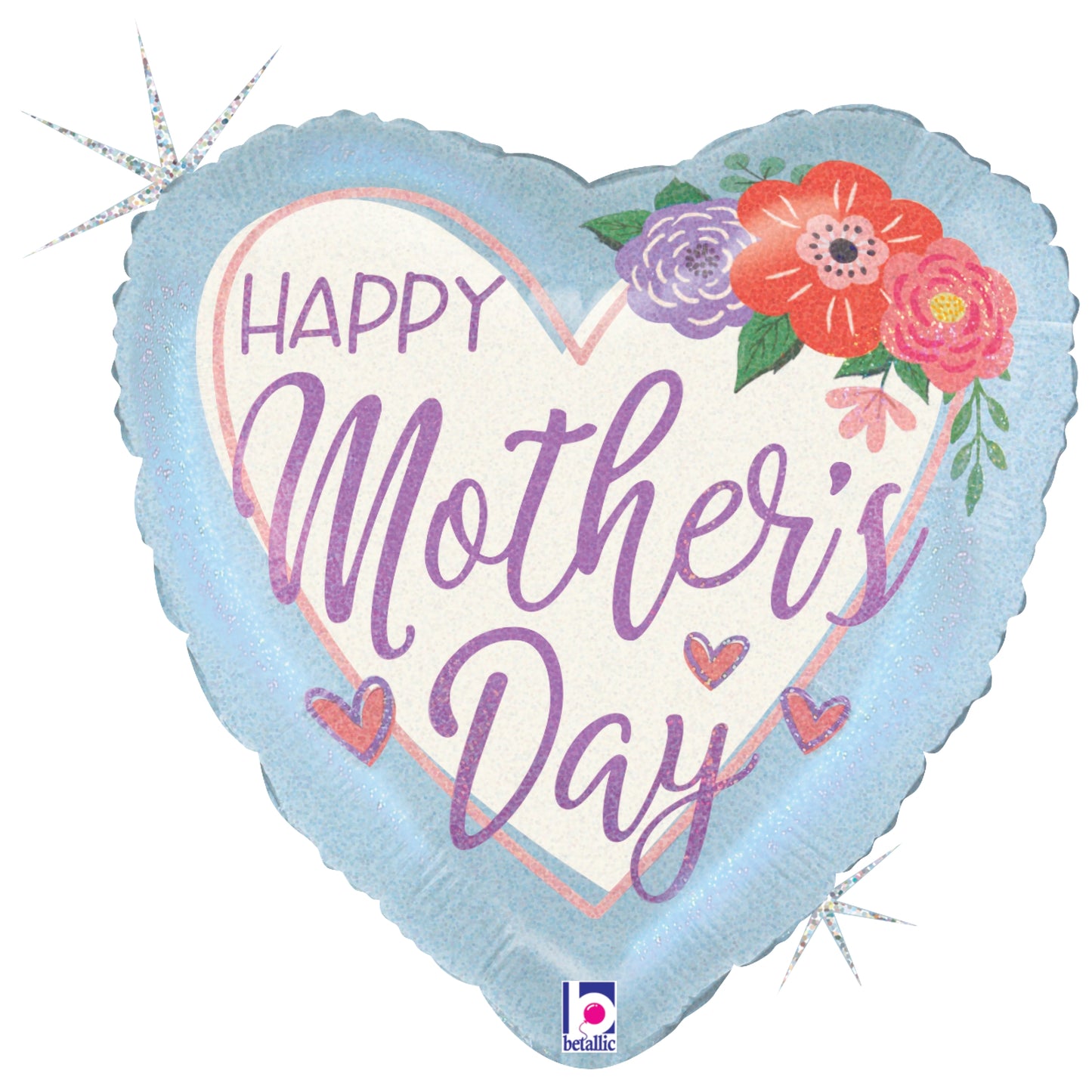 Blue heart-shaped foil balloon with pink, purple, and red floral accents and "Happy Mother's Day" text in purple glitter.
