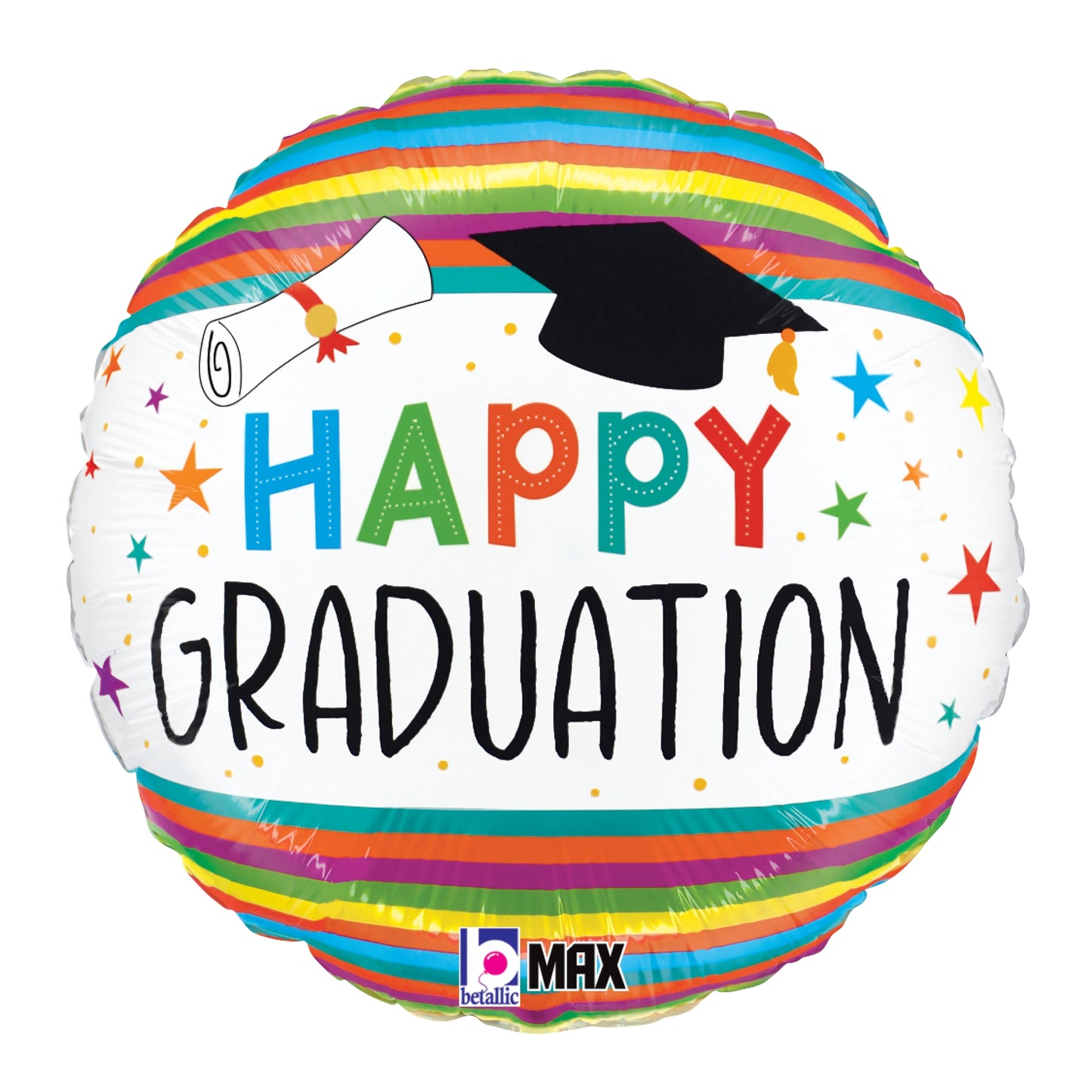 Round foil balloon with colorful stripes, "Happy Graduation" text, graduation cap, and diploma design.