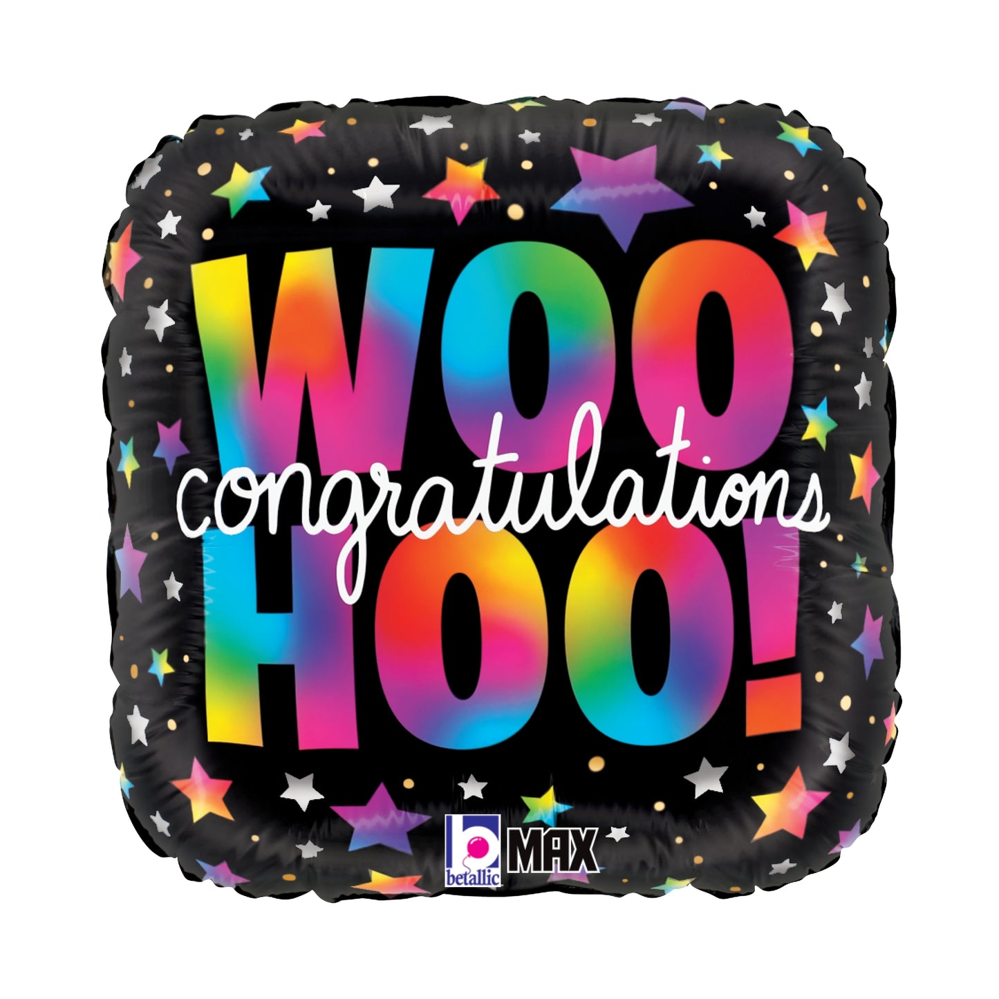 18-inch rounded square foil balloon with black background, multicolored "WOO HOO!" text, "congratulations" in white script,.