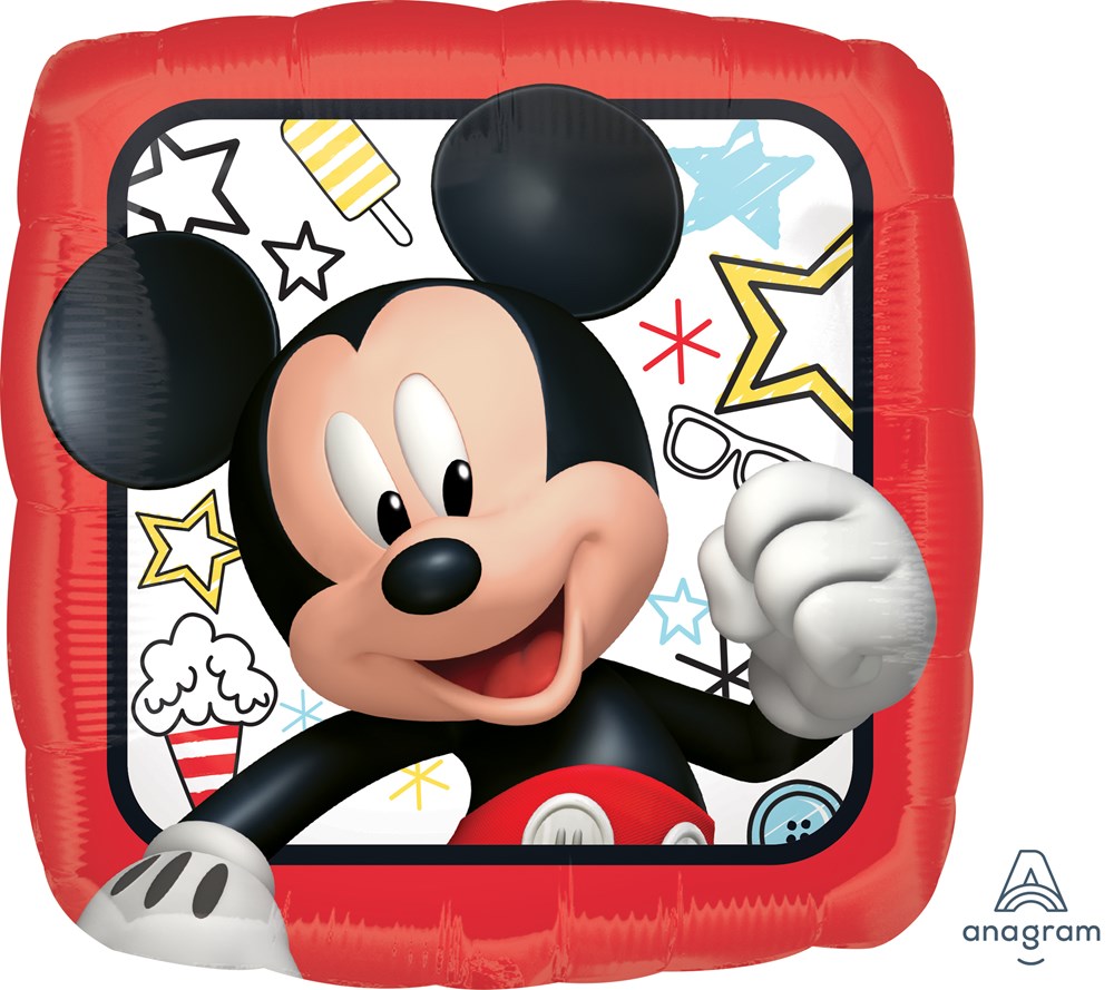 Square foil balloon with red border featuring smiling Mickey Mouse with black ears and white gloves, colorful star and swirl