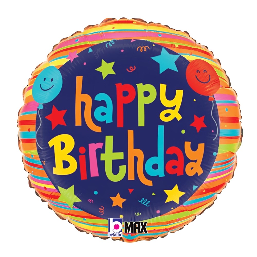 Round foil balloon with colorful striped border, navy center, smiling stars, and "Happy Birthday" text in bright, playful.