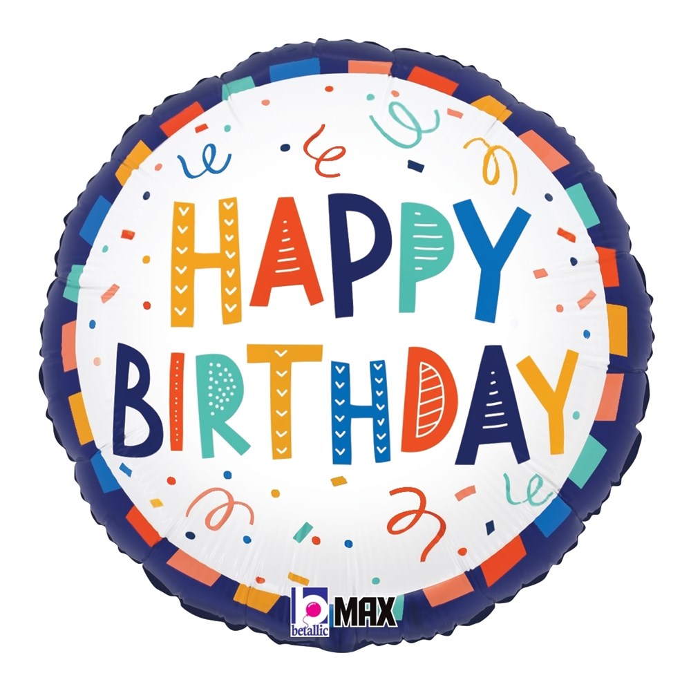Round foil birthday balloon with colorful confetti and "Happy Birthday" in playful multicolor letters on white background,.