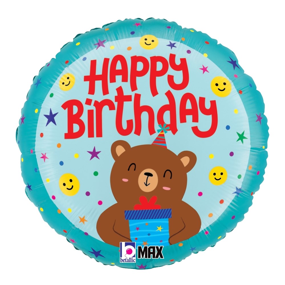 Round light blue foil balloon with red "Happy Birthday" text, smiling brown bear, and yellow smiley faces.