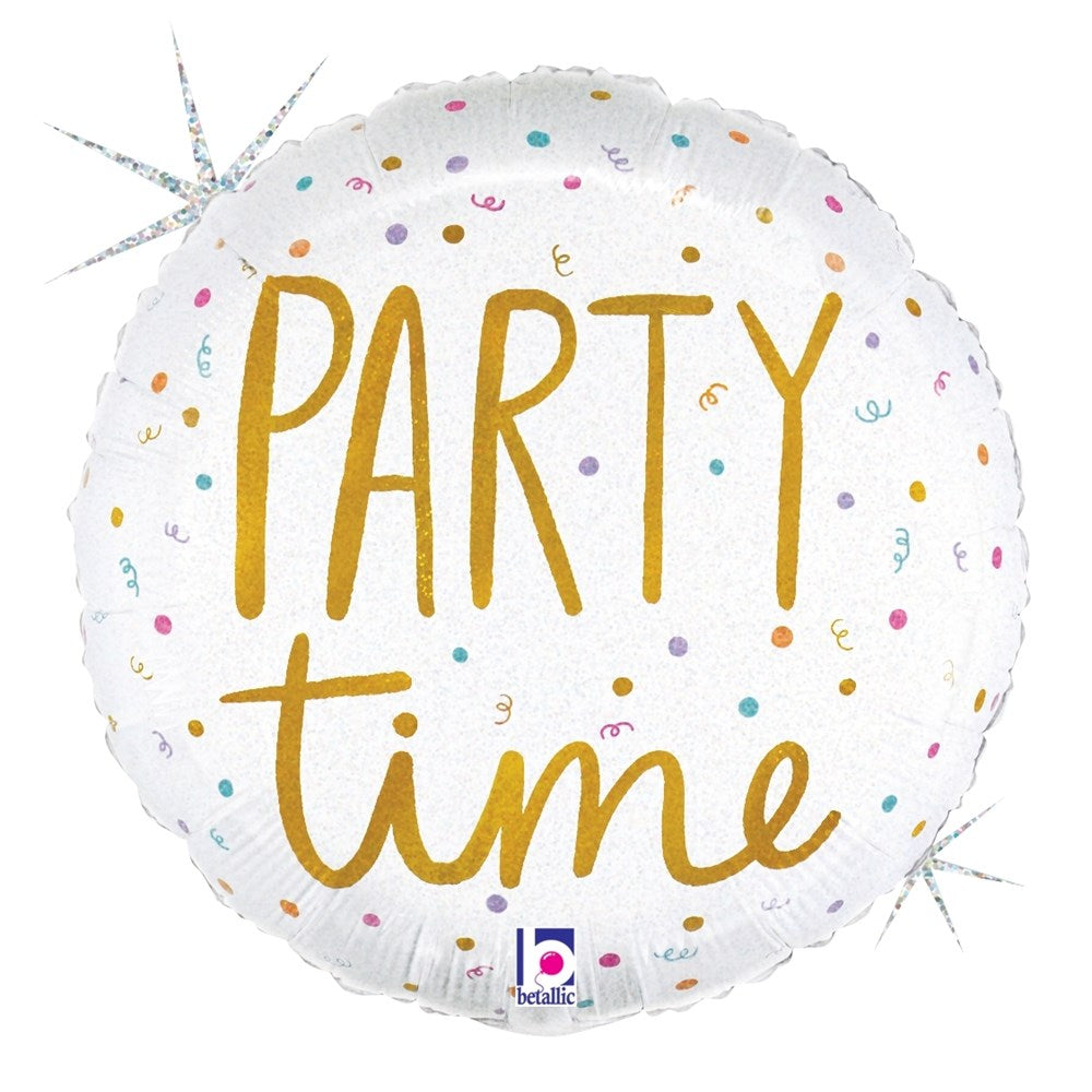 18-inch round white foil balloon with gold "Party Time" text and colorful confetti dots.
