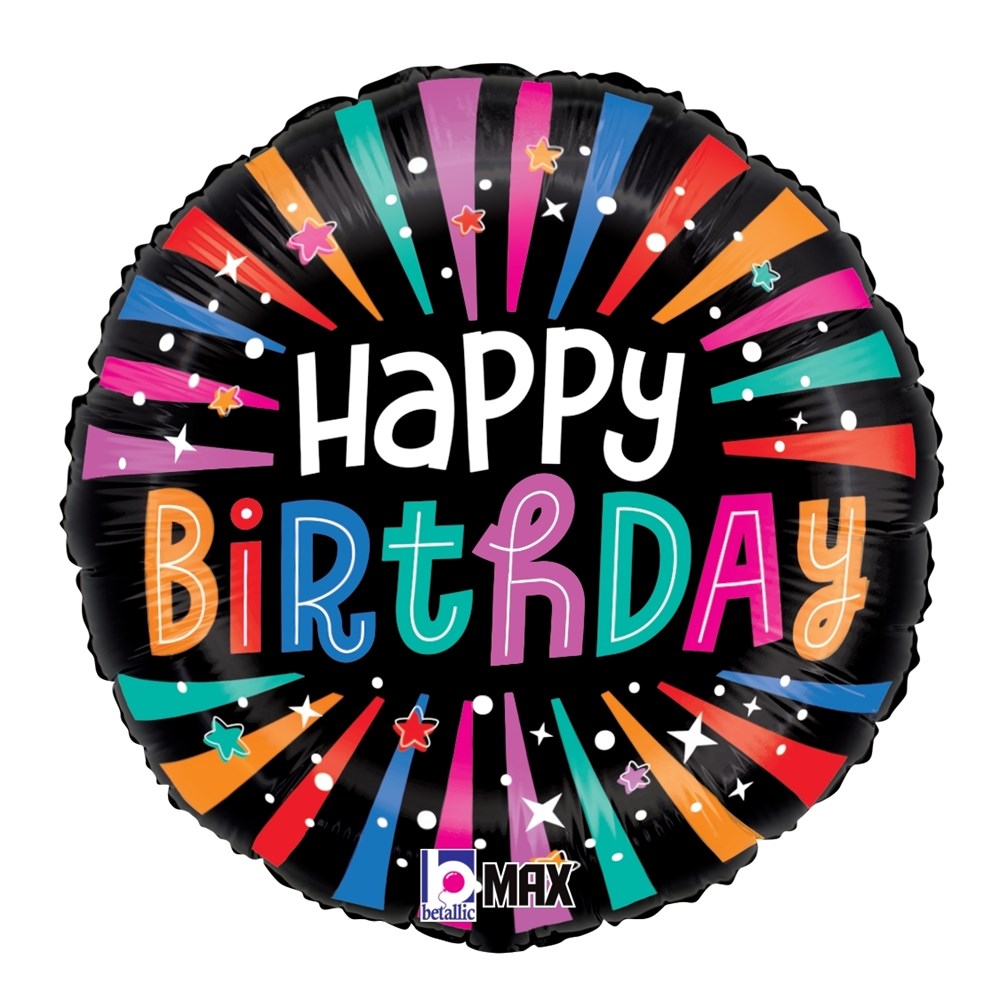 Round black foil balloon with colorful "Happy Birthday" text and starburst sparkles design.