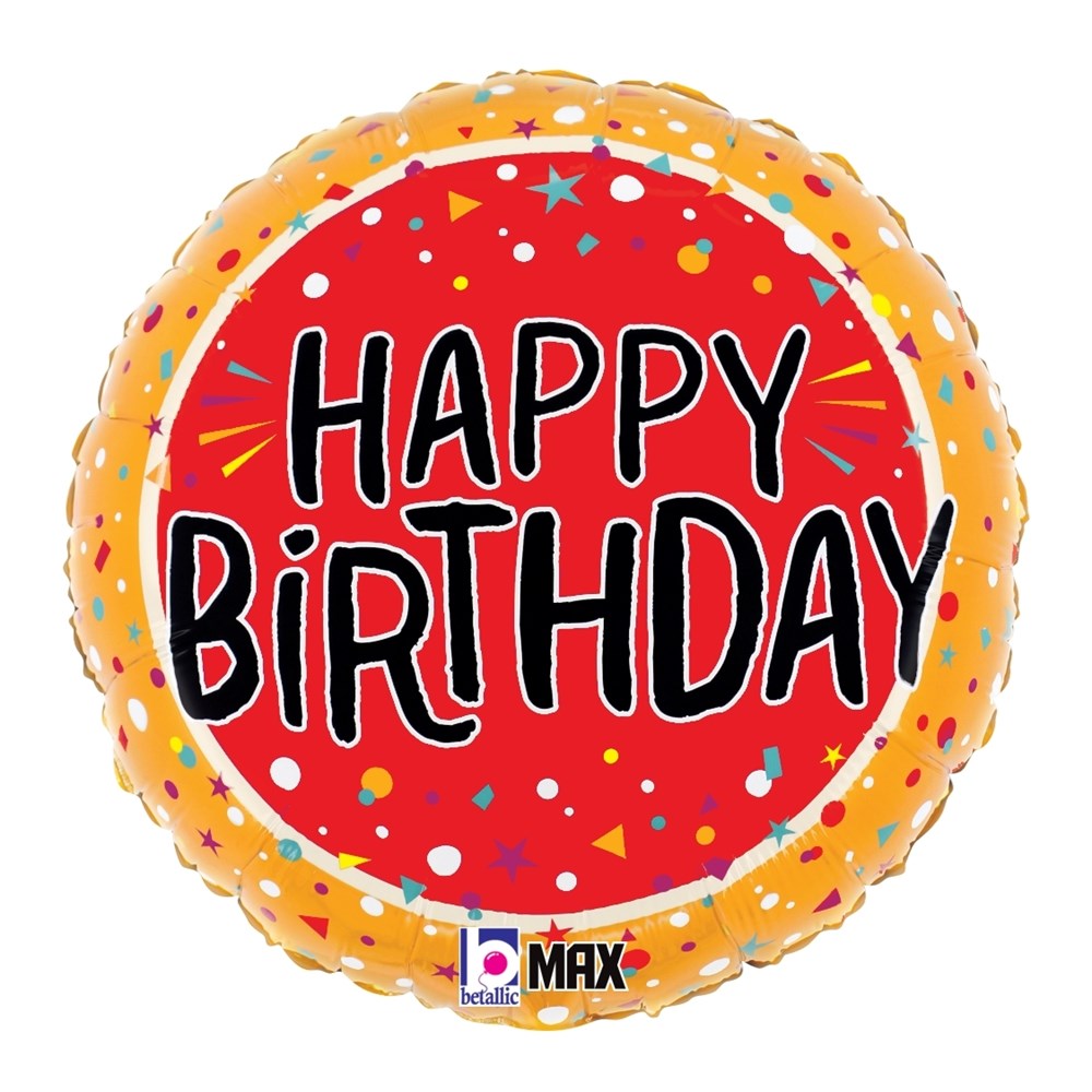 Round foil balloon with red center and orange scalloped edge, decorated with colorful confetti and bold black "Happy.