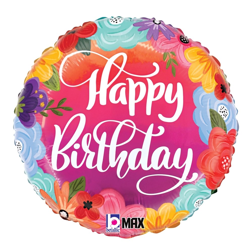 Round bright pink foil balloon with colorful floral border and white "Happy Birthday" script text.
