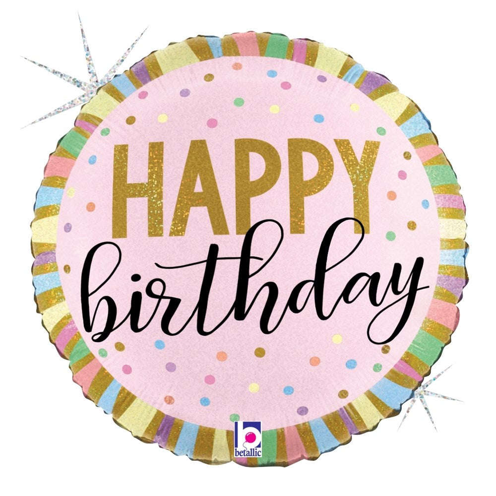 Round 18-inch foil balloon with pastel striped ruffled edge, pink background, and glittery gold "Happy" with black.