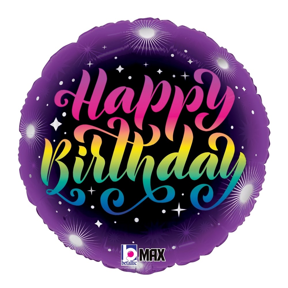 Round foil balloon with a purple outer edge and black center, colorful "Happy Birthday" text in neon style, decorated with.