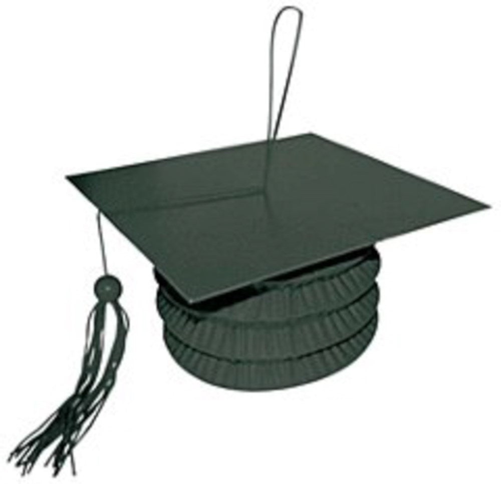 Black paper lantern shaped like a graduation cap with a flat top, round pleated base, and hanging tassel.