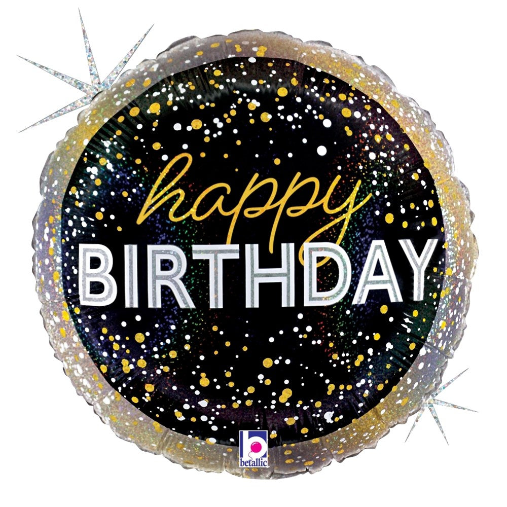 18-inch round black foil balloon with holographic glitter and "happy BIRTHDAY" text in gold and white letters.
