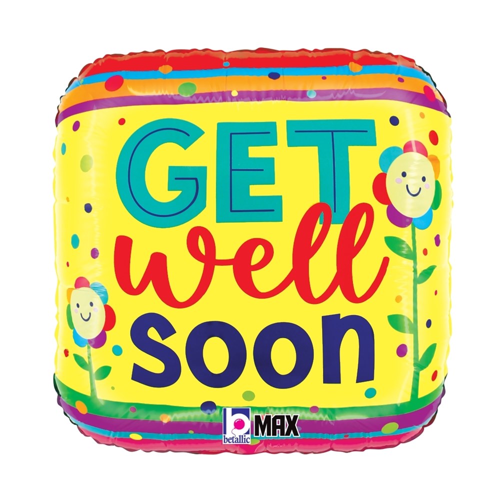 Yellow rounded square foil balloon with colorful confetti dots, smiling flower illustrations, and "Get Well Soon" text in.