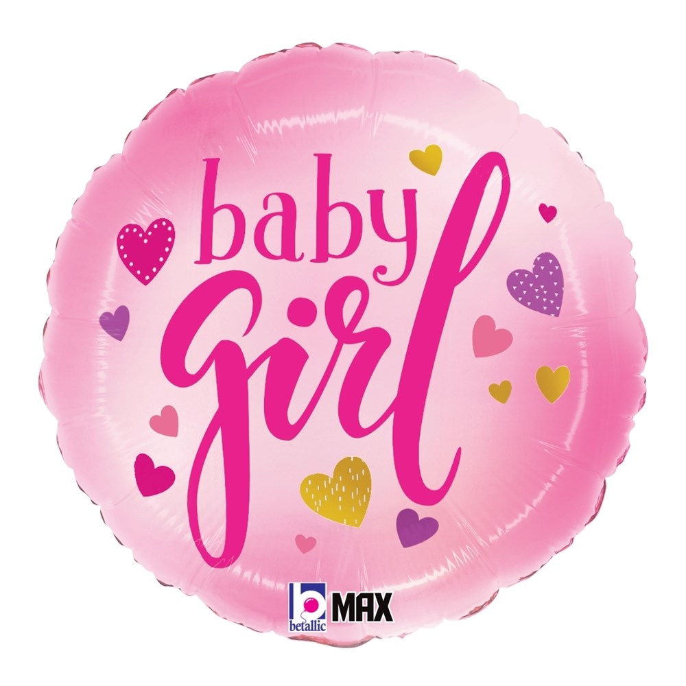 Pink round foil balloon with "baby girl" text and multicolored heart accents, 18 inches.