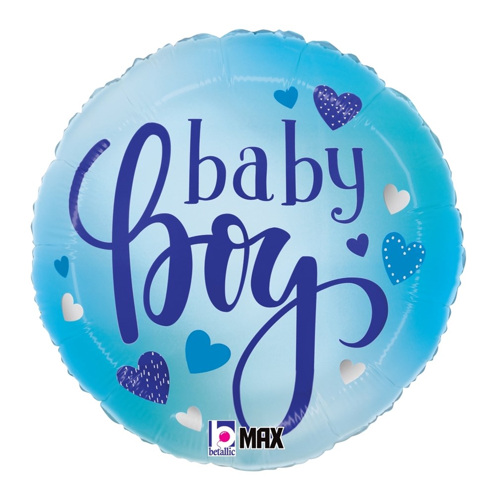 Round blue foil balloon with "baby boy" text and blue and white heart patterns, 18 inches.
