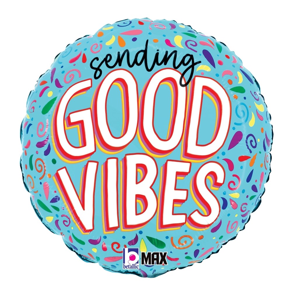 Round foil balloon with blue background and colorful confetti design, displaying "Sending Good Vibes" in large red and white